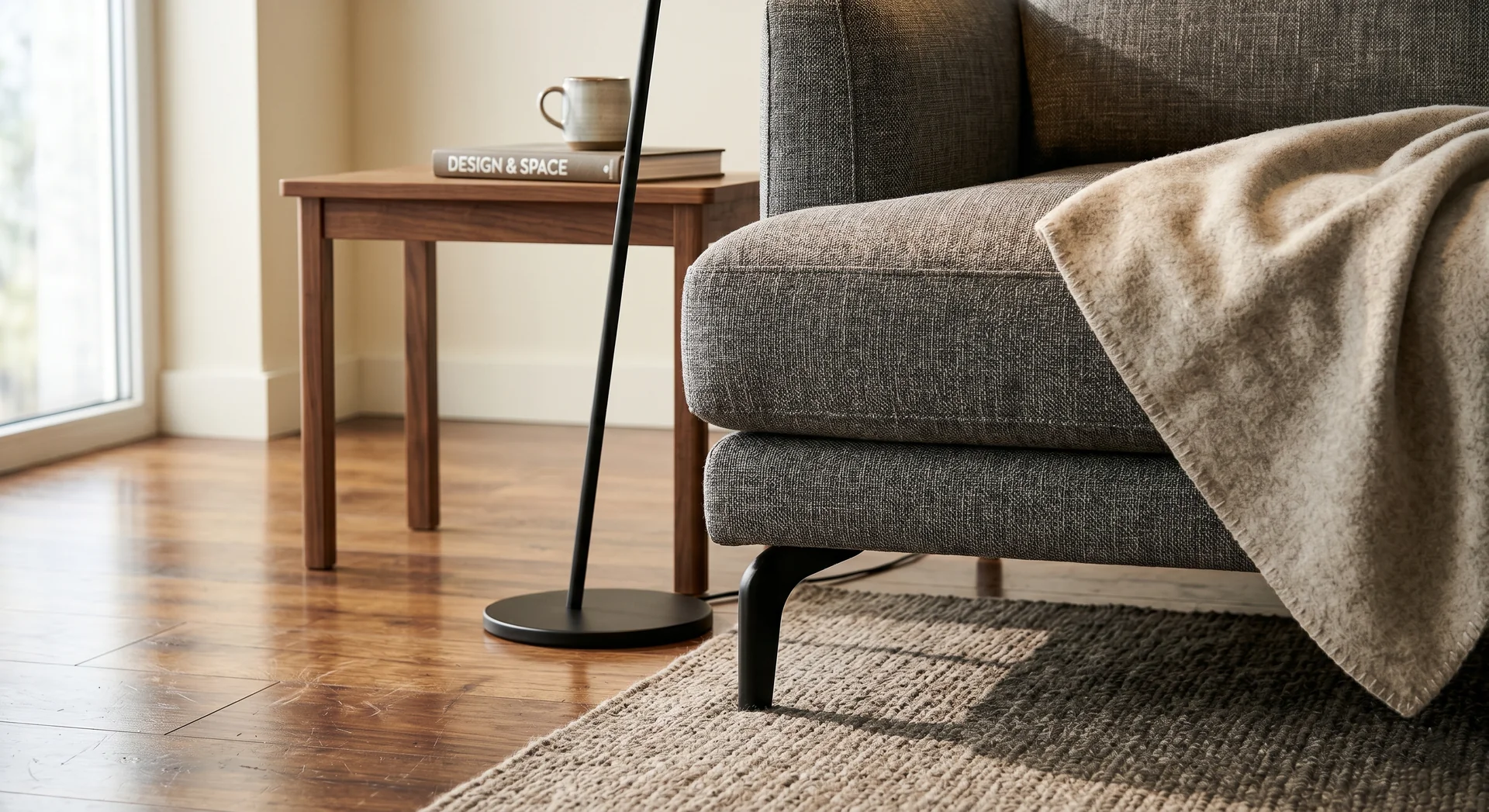 Close-up detail of 4K AI virtual staging showing realistic fabric texture and shadow accuracy